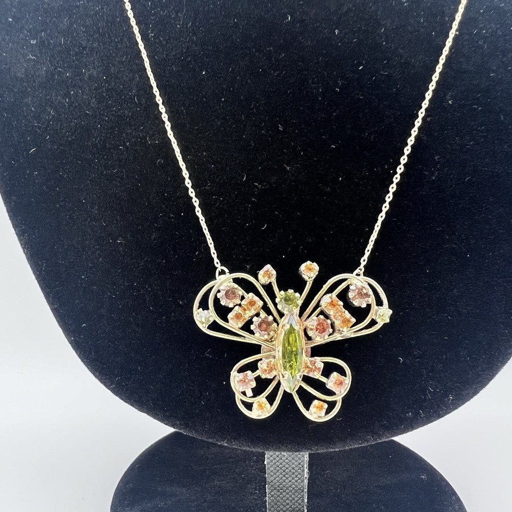 Lulus Butterfly Pendant Necklace Gold Tone Chain Pink & Green Rhinestone Y2K ND1